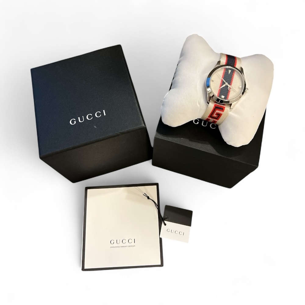 Gucci G Timeless Men's Silver Watch with Red Accents